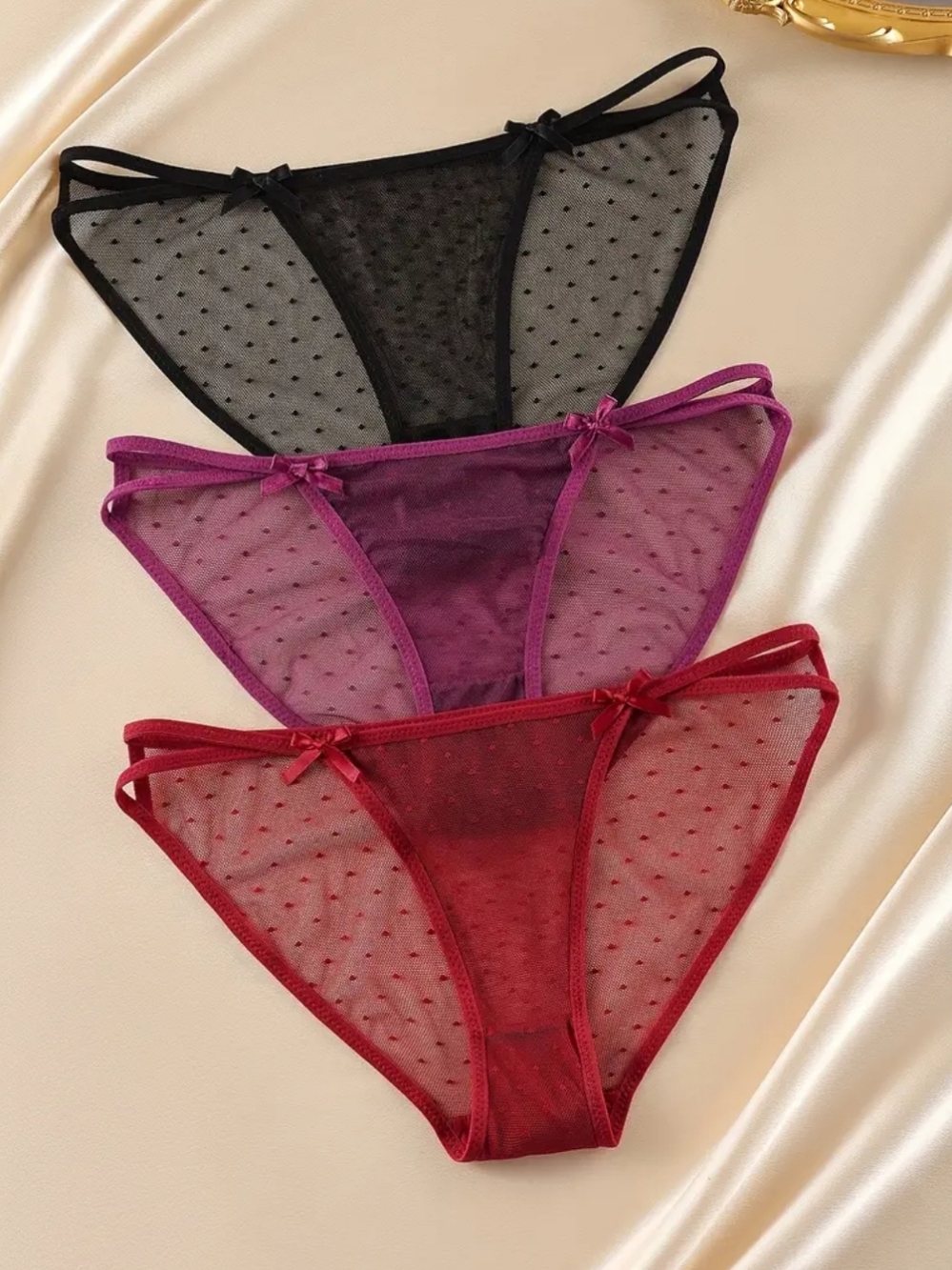 Sheer Dotted Mesh Bikini Panty Trio - Black, Purple, Burgundy